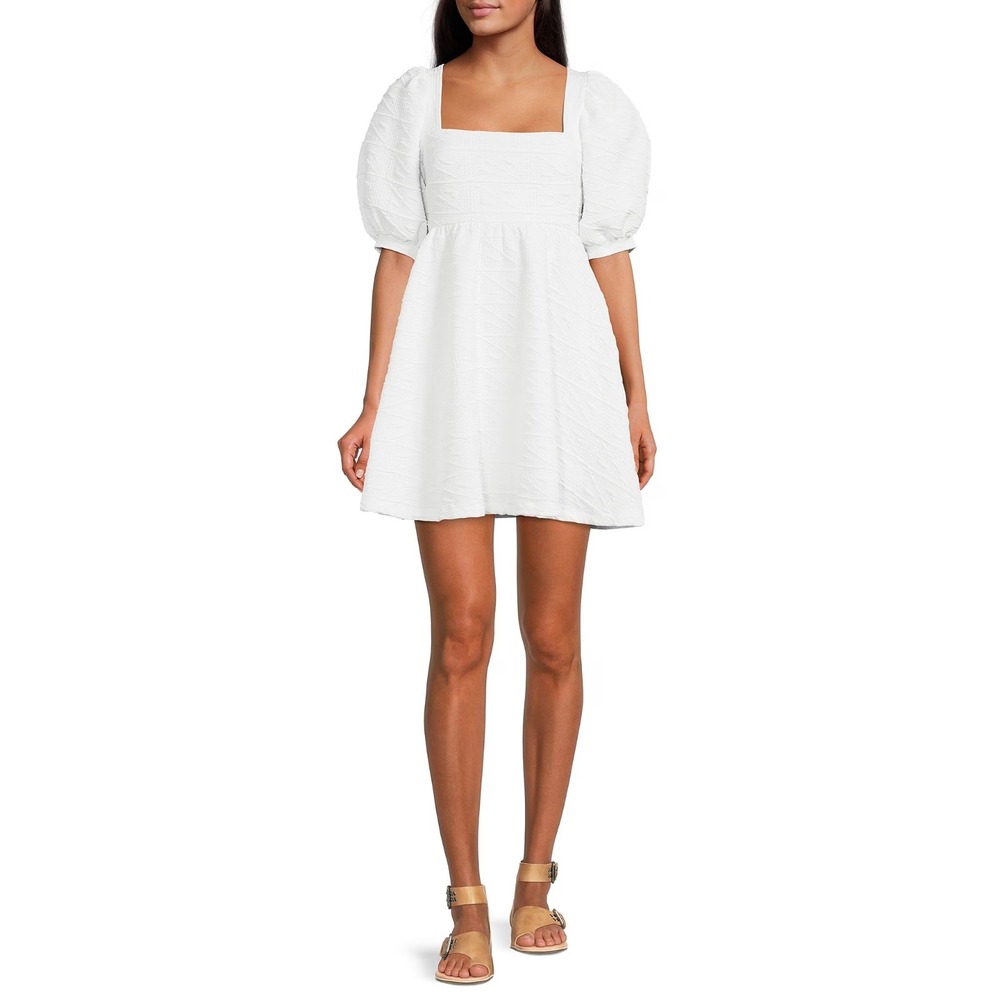 Free People Violet Mini‎ Dress White Puff Sleeve Bow Back Size SMALL New